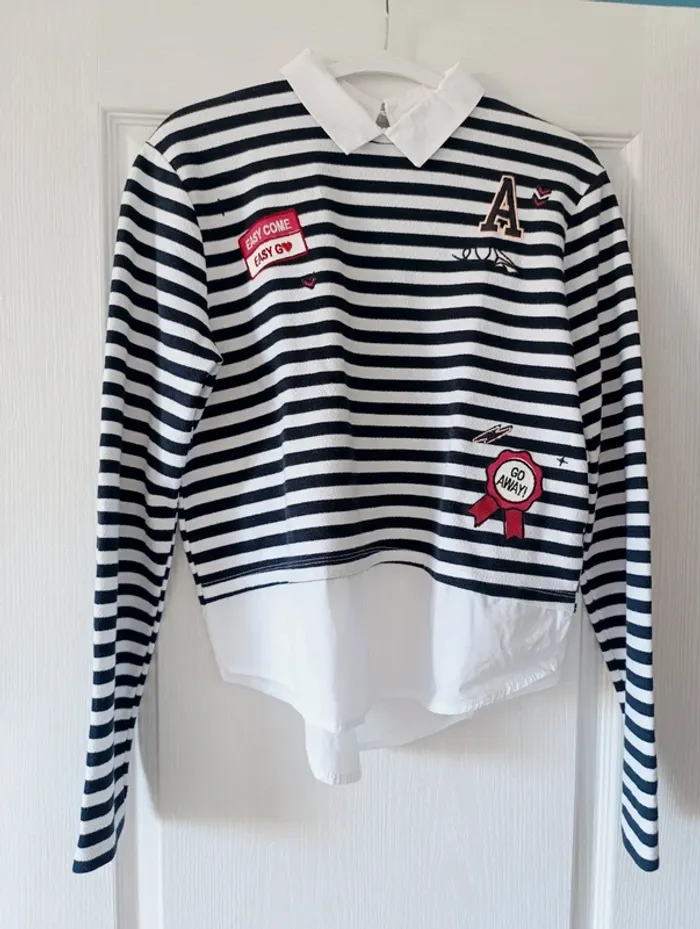 Pull marinière blanc et noir avec fausse chemise One by Gémo Taille S