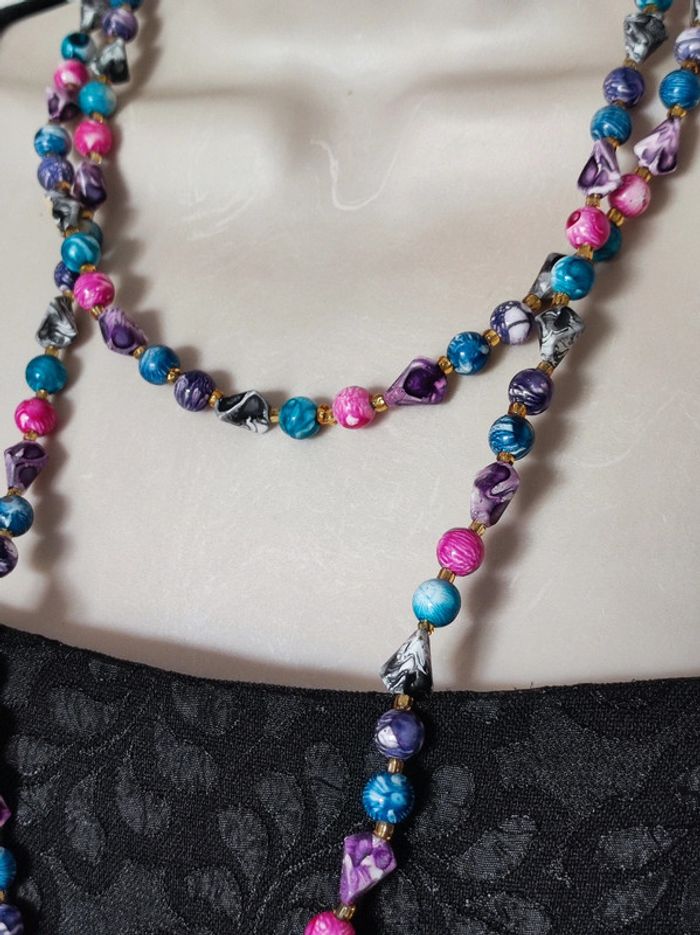 Collier sautoir perle rose bleu noir doré y2k 🇫🇷 Fabrication Artisanale- 120cm - photo numéro 4