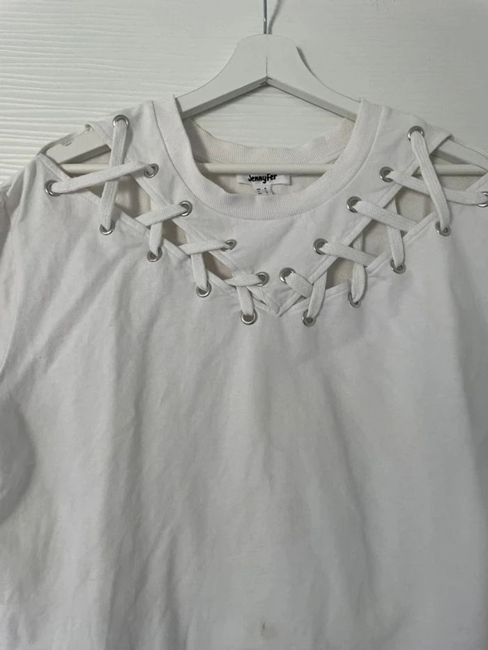 Haut t-shirt sweat blanc uni à lacets manches courtes col en V - photo numéro 2