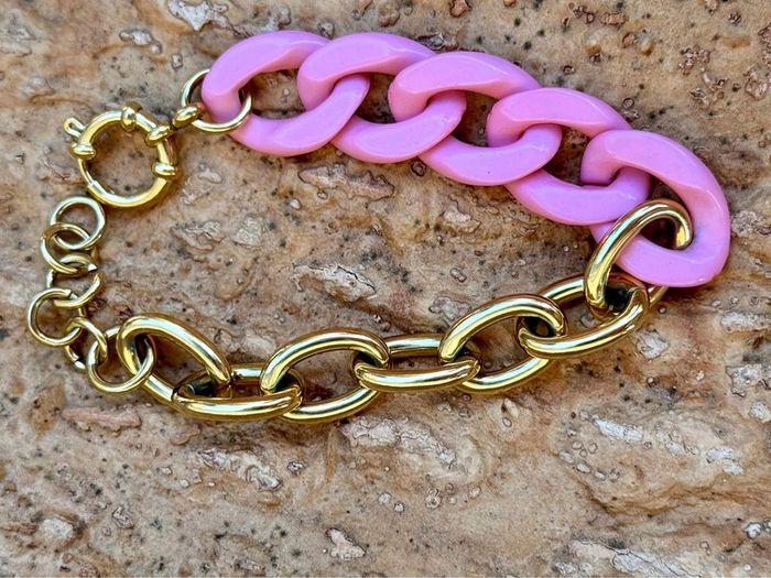 Bracelet mi chaîne maillons larges mi résine rose fermoir bouée xl réglable - photo numéro 2