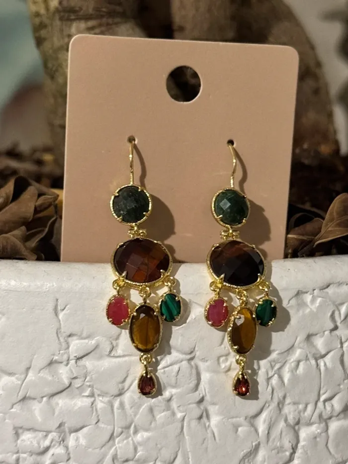 Boucles d’oreilles habaha Paris acier inoxydable or pierres amazonite  œil de tigre jade