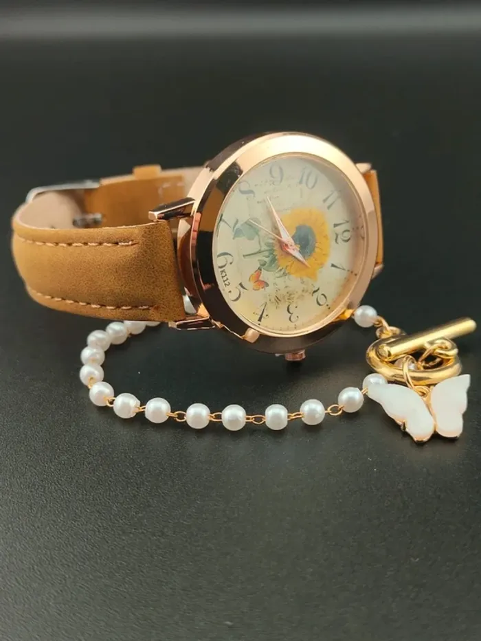 Montre marron, tournesol, vintage & bracelet de perles