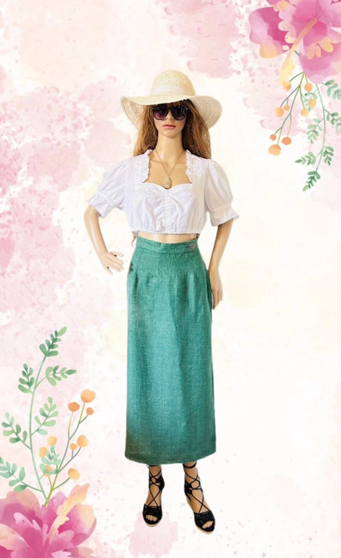 🦚Jupe longue en lin vert champêtre Cottagecore Countryside Charm Green Linen Skirt🦚 - photo numéro 2