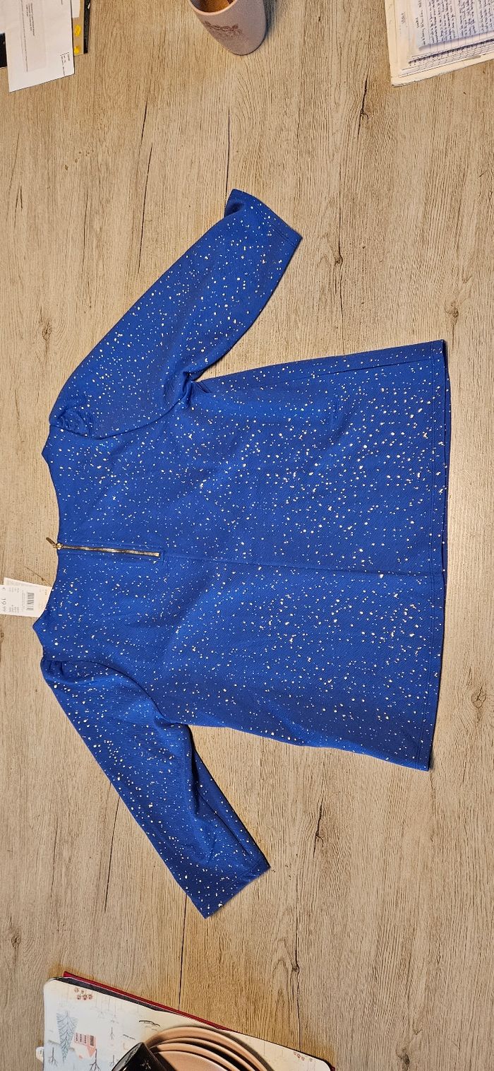Blouse habillée bleue et dorée, Camaieu, L, neuve