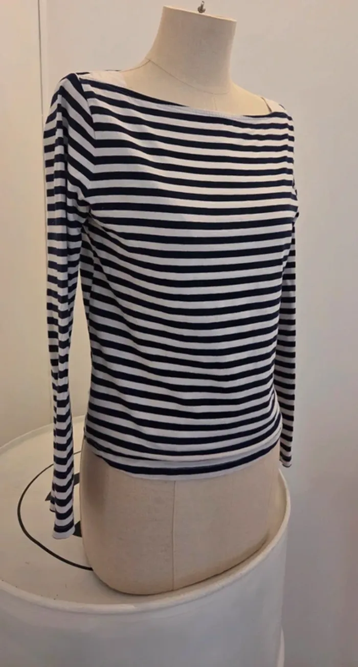 Marinière rayée bleu marine/blanc manches longues - MANGO - photo numéro 3