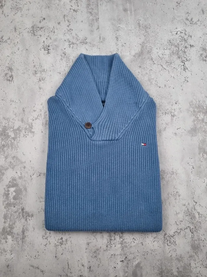 Pull col châle Tommy Hilfiger bleu – Taille M Homme (mesures en photos) - photo numéro 2