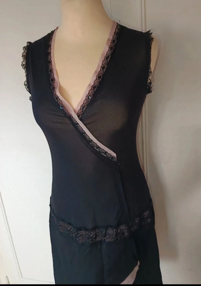 💗 nuisette noir dentelle sequin voile transparente et rose taille m 38 l 40 vintage authentique - photo numéro 2