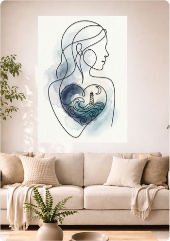 Affiche murale minimaliste “Femme Océan” déco line art A3 Sans cadre