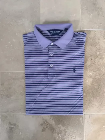 Polo Ralph Lauren Golf homme L violet rayures blanches et marine logo une tâche devant