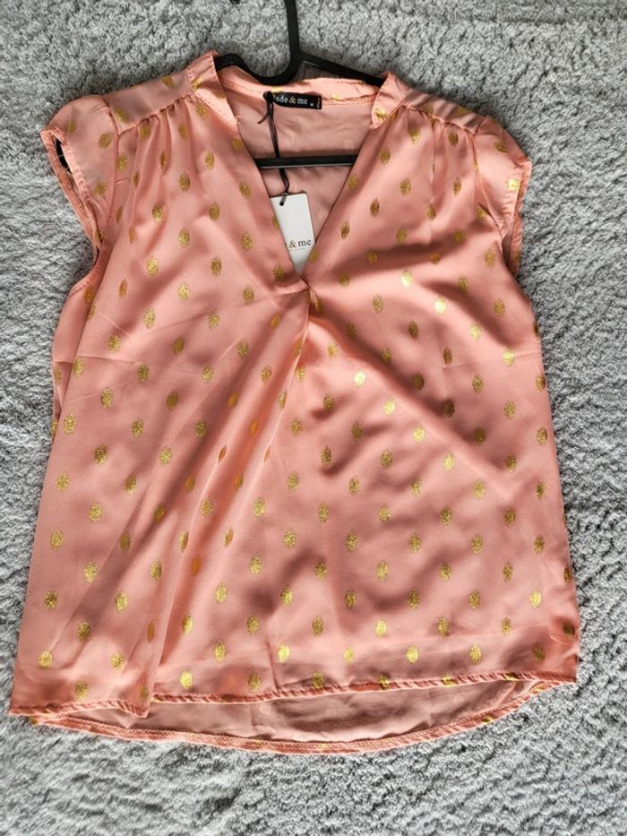 Blouse sans manches rose/corail à pois dorés - photo numéro 6