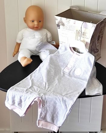 Barboteuse bébé fille 6 mois – coton, rayée rose et grise