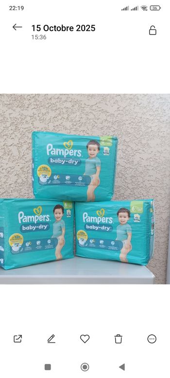 3 paquets couches Pampers taille 6