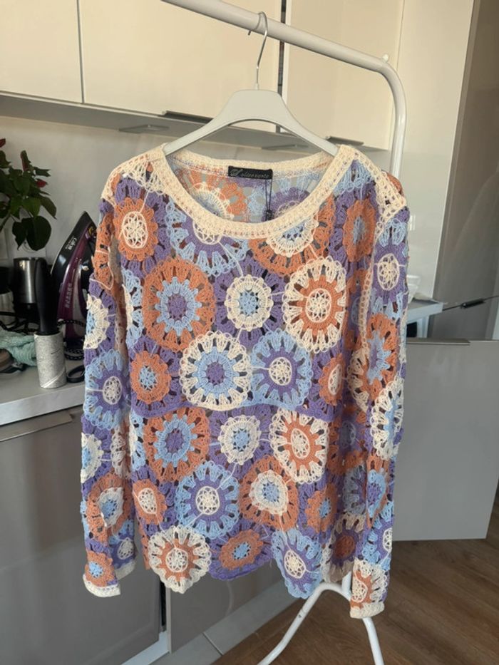 Pull en maille crochet transparent laine artificielle taille M/L orange lilas beige - photo numéro 8