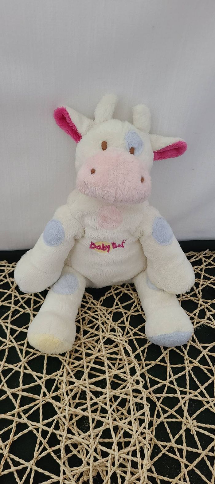 Doudou vache blanche taches rose bleu BABY NAT - photo numéro 5