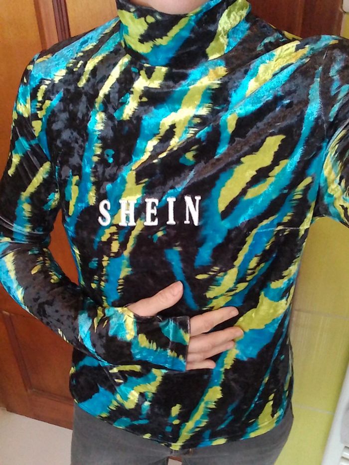 Pull femme col roulé Shein bleu vert noir