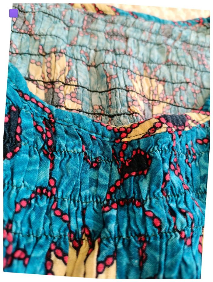 Rare vintage Haut smocké imprimé bleu et rose – Rayon festival motif old school piece unique - photo numéro 4
