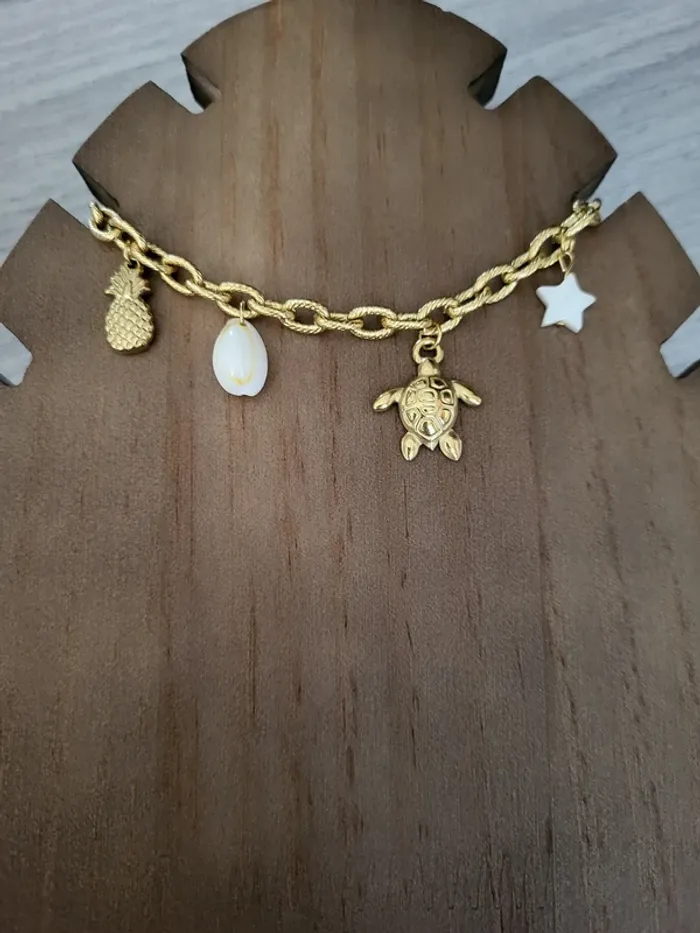Bracelet acier inoxydable doré thème océanique avec coquillage et ananas - photo numéro 2