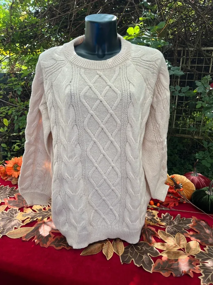 Pull torsadé beige crème  maille épaisse col rond confort 2XL