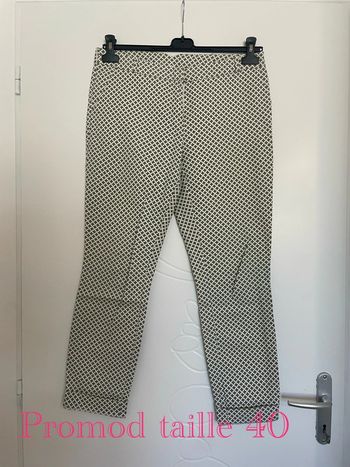 Pantalon court 7/8 habillé taille haute blanc crème à motifs moutarde vert foncé promod taille 40