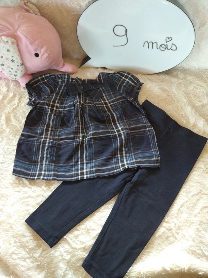 Ensemble (blouse manches courtes nœud+legging) Fille 9 mois Bout'chou
