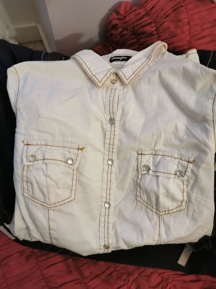 Chemise crème, couture marron, à pressions 2 poches - photo numéro 3