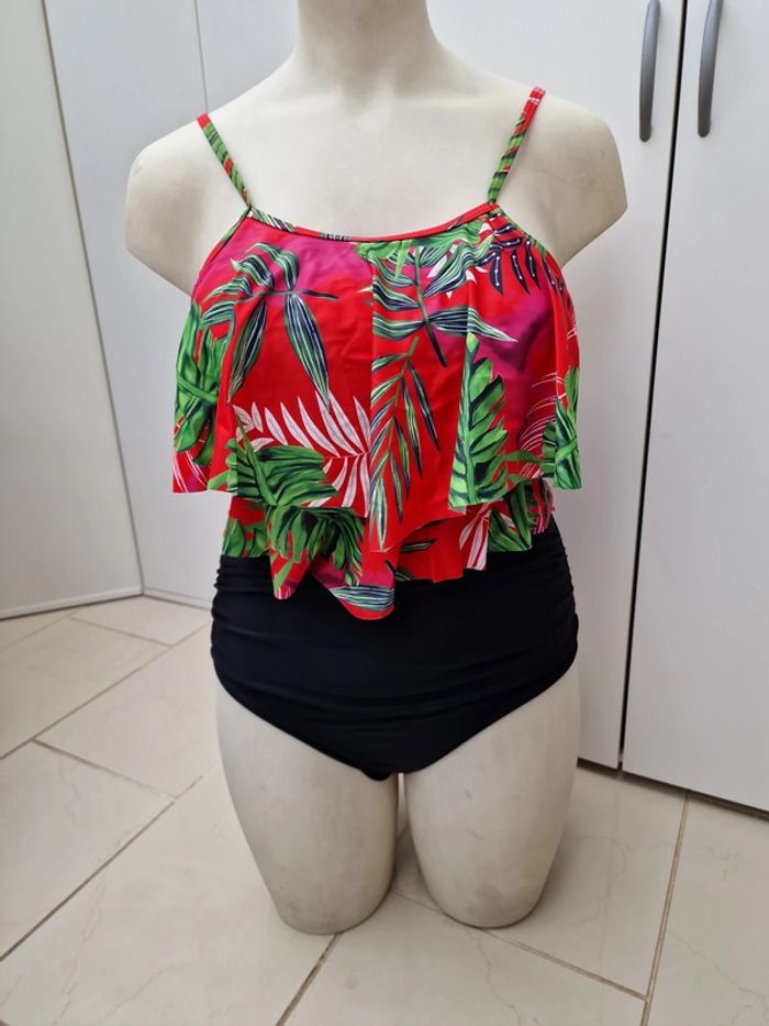 Tankini Taille Haute Maillot De Bain 2 Pieces Jungle Noir Rouge Rose Vert Volants Taille XL 44 - photo numéro 13