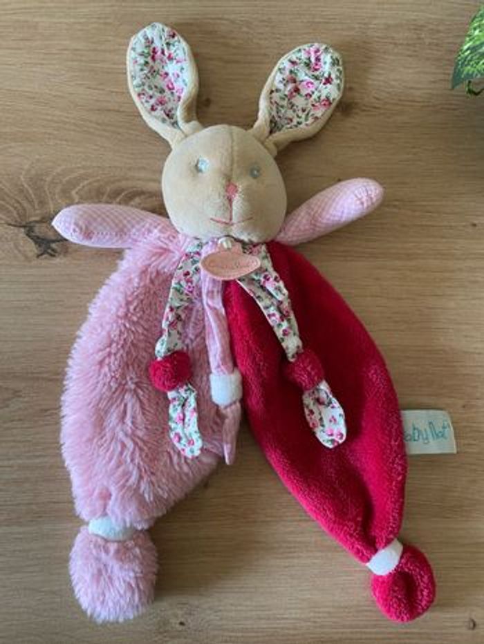 Doudou plat lapin poupi rose liens fleurs baby nat