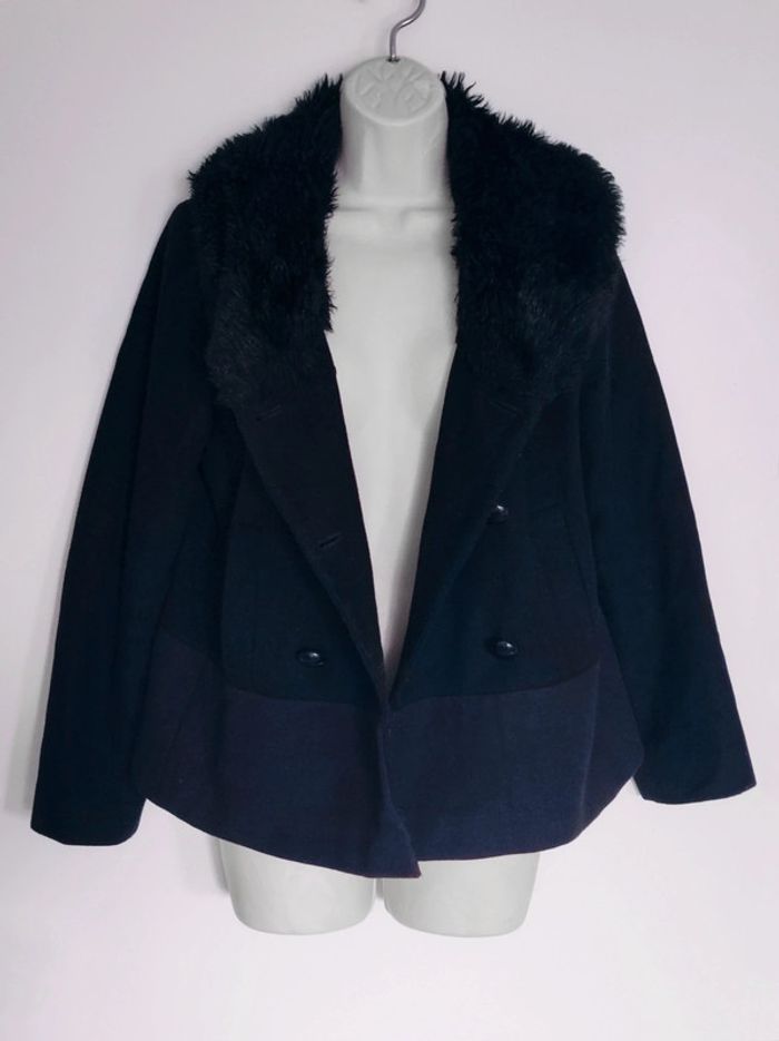 Manteau caban noir violet laine col fausse fourrure / Etam - 34XS à 36/S - photo numéro 7