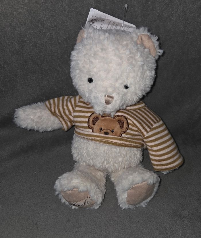 Doudou peluche ours blanc Mr Sébastien - Pull kaki rayé et ours - Bukowski - photo numéro 1