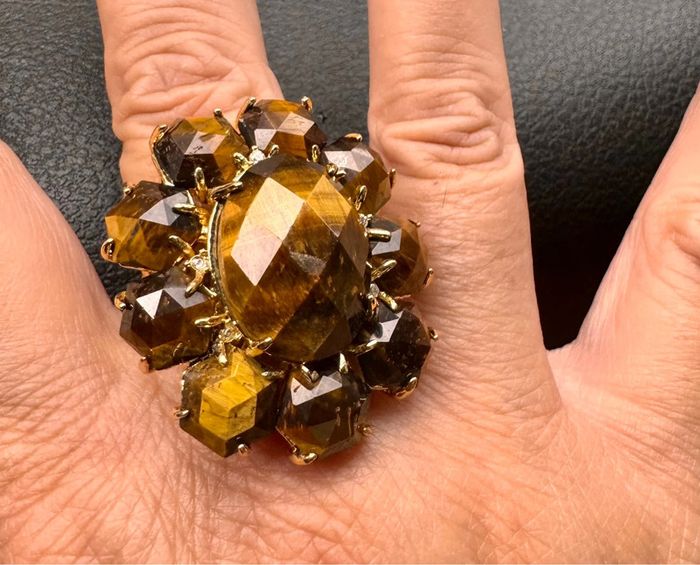 Bague XXL ’ réglable acier inoxydable or pierres véritables œil de tigre de qualité  habaha Paris - photo numéro 4