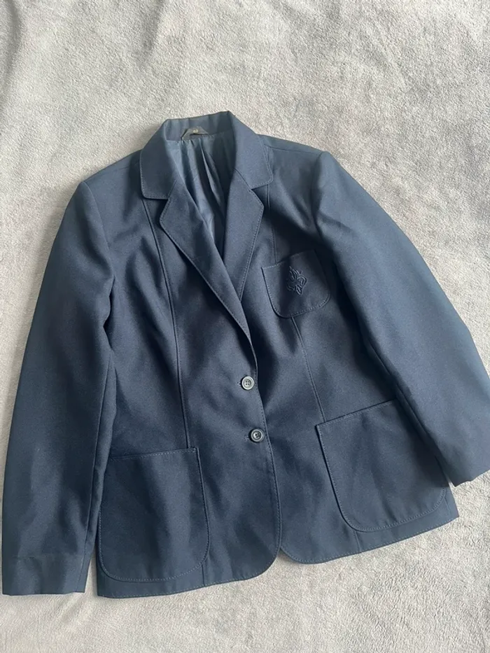 Blazer vintage bleu marine unisexe – écusson brodé – T.40