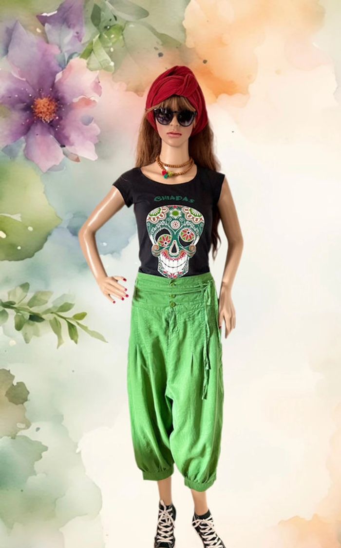 🌿Sarouel lin vert vintage taille 36/38 boho hippie ethnic festival green linen harem pants🌿 - photo numéro 2