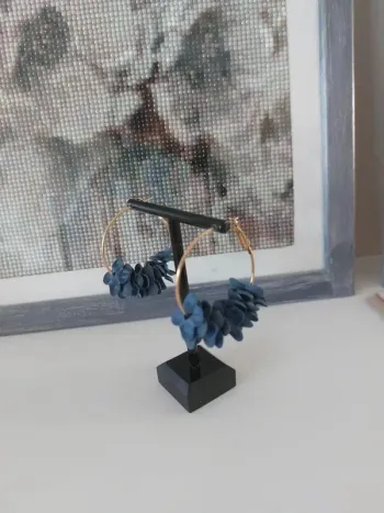 Boucles d'oreilles créoles fleurs tissu bleu