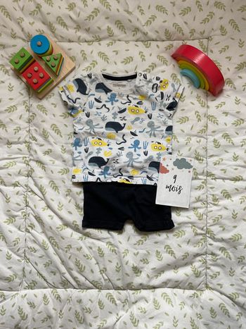 ensemble teeshirt manches courtes blanc motifs et short marine 9 mois orchestra