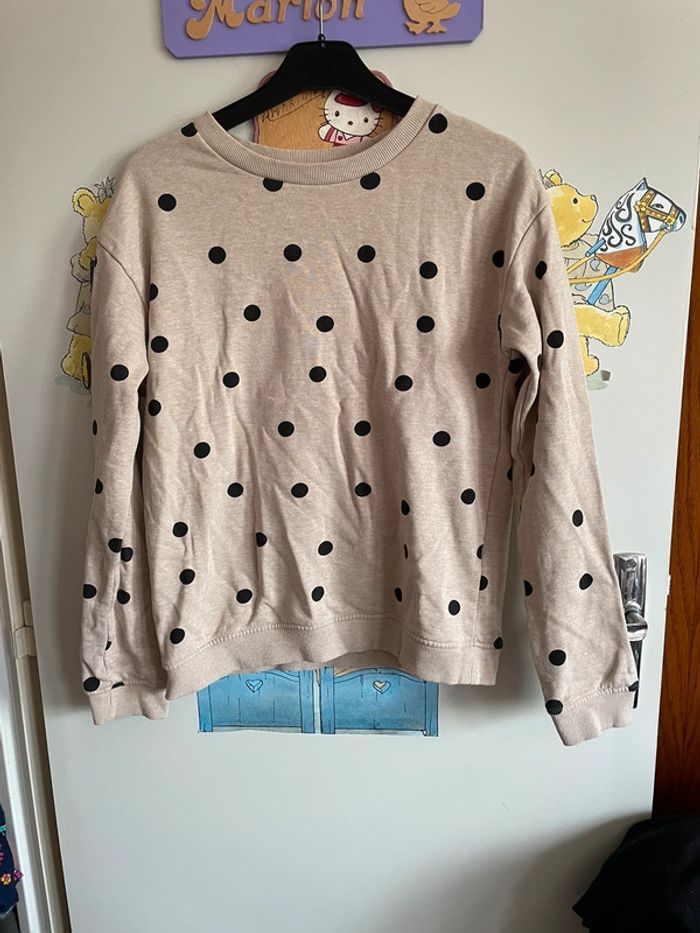 Pull beige à pois noirs, taille Xs, marque Kiabi