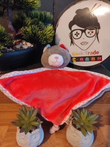 Doudou Chat Gris Rose Carreaux  Kilidou Plat Mouchoir #geektradedoudou