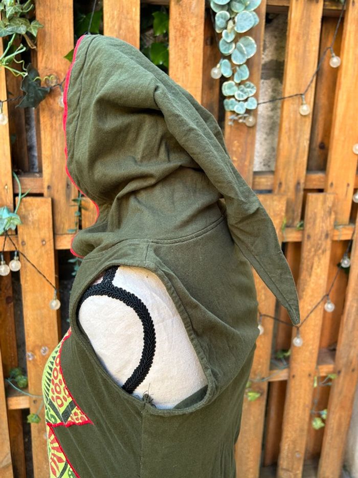 Veste longue gilet sans manches dipawali himitsu taille S M coton - capuche lutin kaki Népal - photo numéro 5