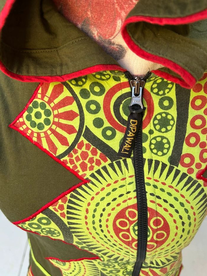 Veste longue gilet sans manches dipawali himitsu taille S M coton - capuche lutin kaki Népal - photo numéro 3