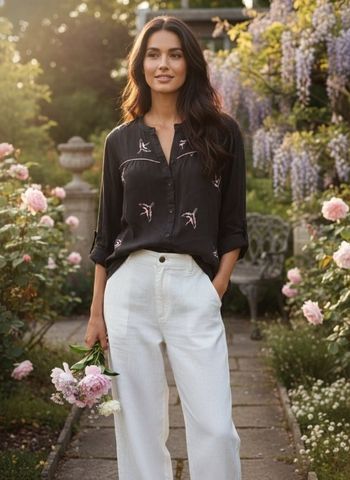 Chemise Fluide Noire à Motifs Grues Roses - Gémo (Taille 42)

