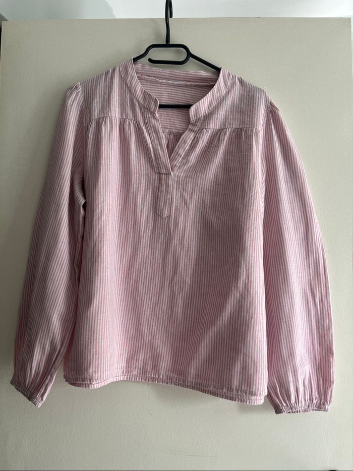Chemisier d’hiver rayé rose et blanc