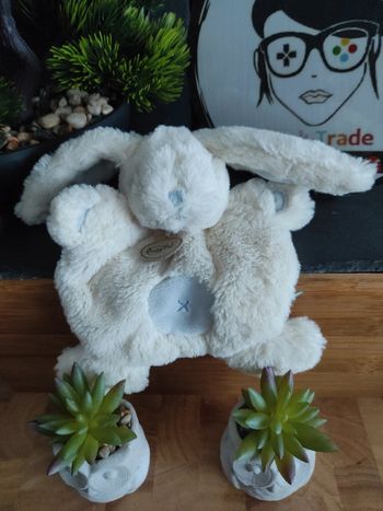 Doudou Lapin Blanc Bleu Flocon Pantin Baby Nat'  Plat Mouchoir #geektradedoudou
