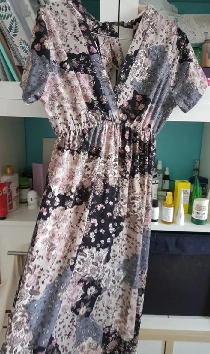 Robe longue patchwork fleurie marine beige rose TU - photo numéro 7