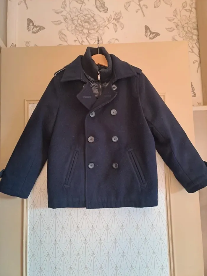 Manteau chaud bleu habillé blukids garçon coin col recousu se voit peu tbe 6-7 ans 122cm