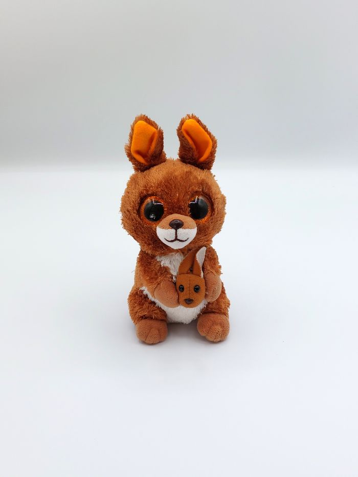 Peluche doudou kangourou et son bébé Kipper TY marron blanc gros yeux orange