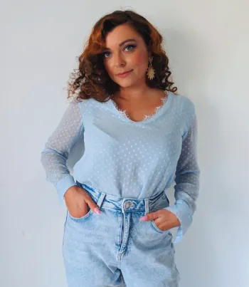 Blouse à manches longues bleu ciel dentelle plumetis Peace n'love taille 36