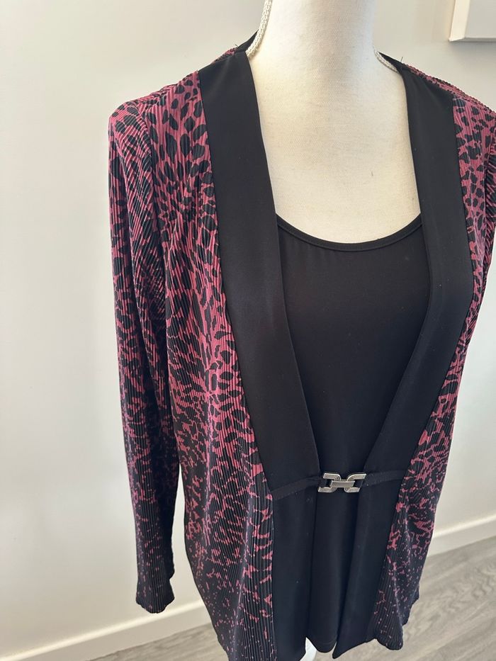 Blouse plissée léopard rose et noire Vintage T42/44 XL/XXL - photo numéro 2