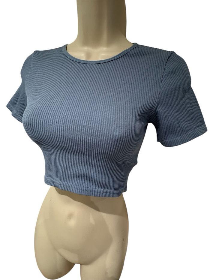 T-shirt taille S/36 CROP top gris bleu tally - photo numéro 9