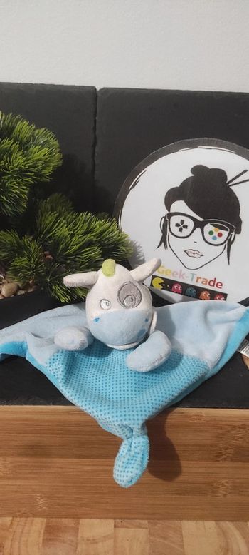 Doudou cheval âne bleu plat carré mots d'enfants pois gris vert cocard