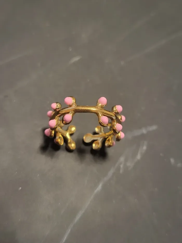 Bague acier inoxydable doré ajustable epi boules roses