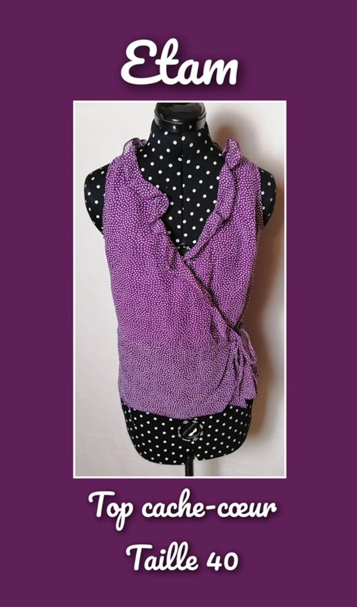 Top cache-cœur à volants violet pois blanc Taille 40 Etam